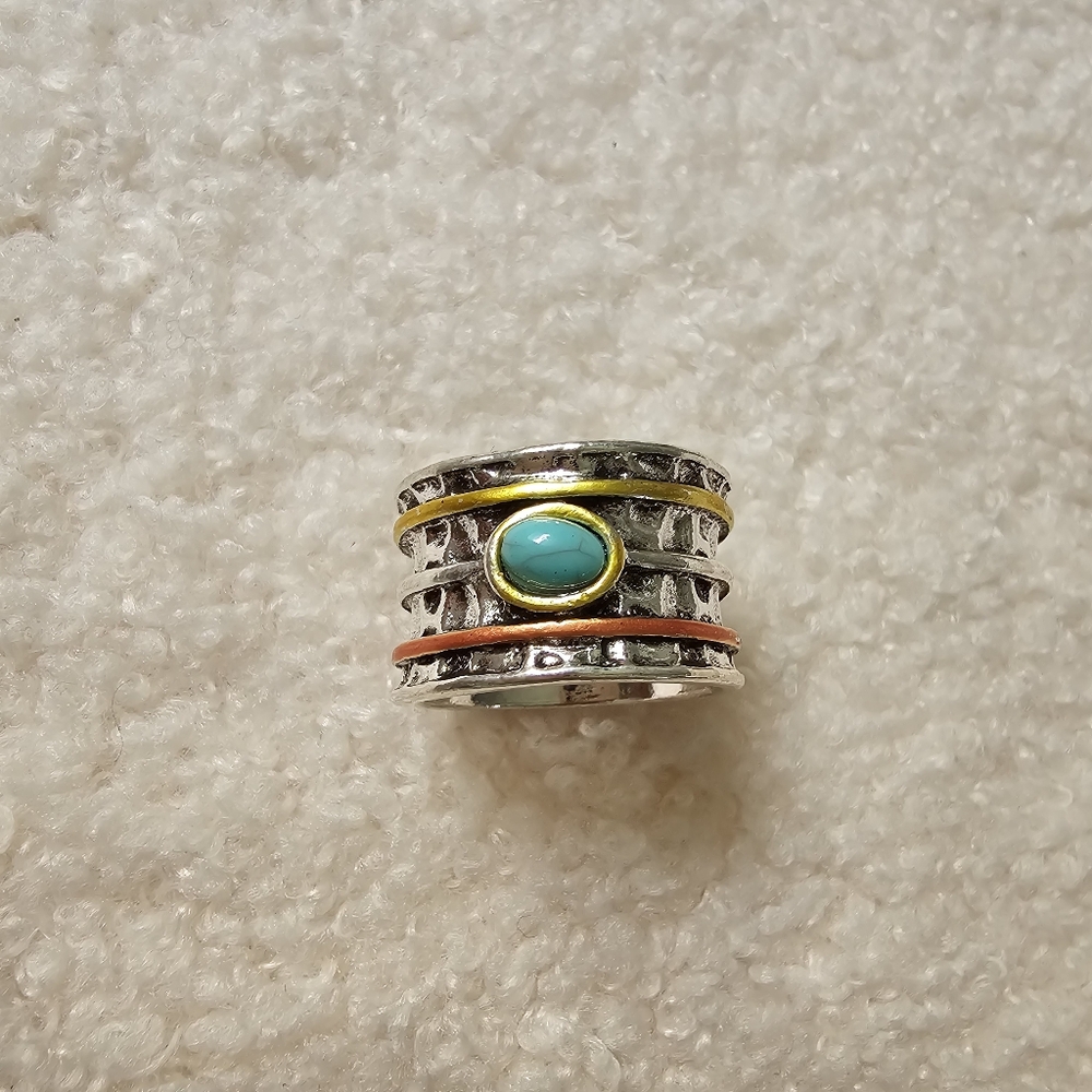 Silver toned faux turquoise thick band ring western southwesten boho size 8